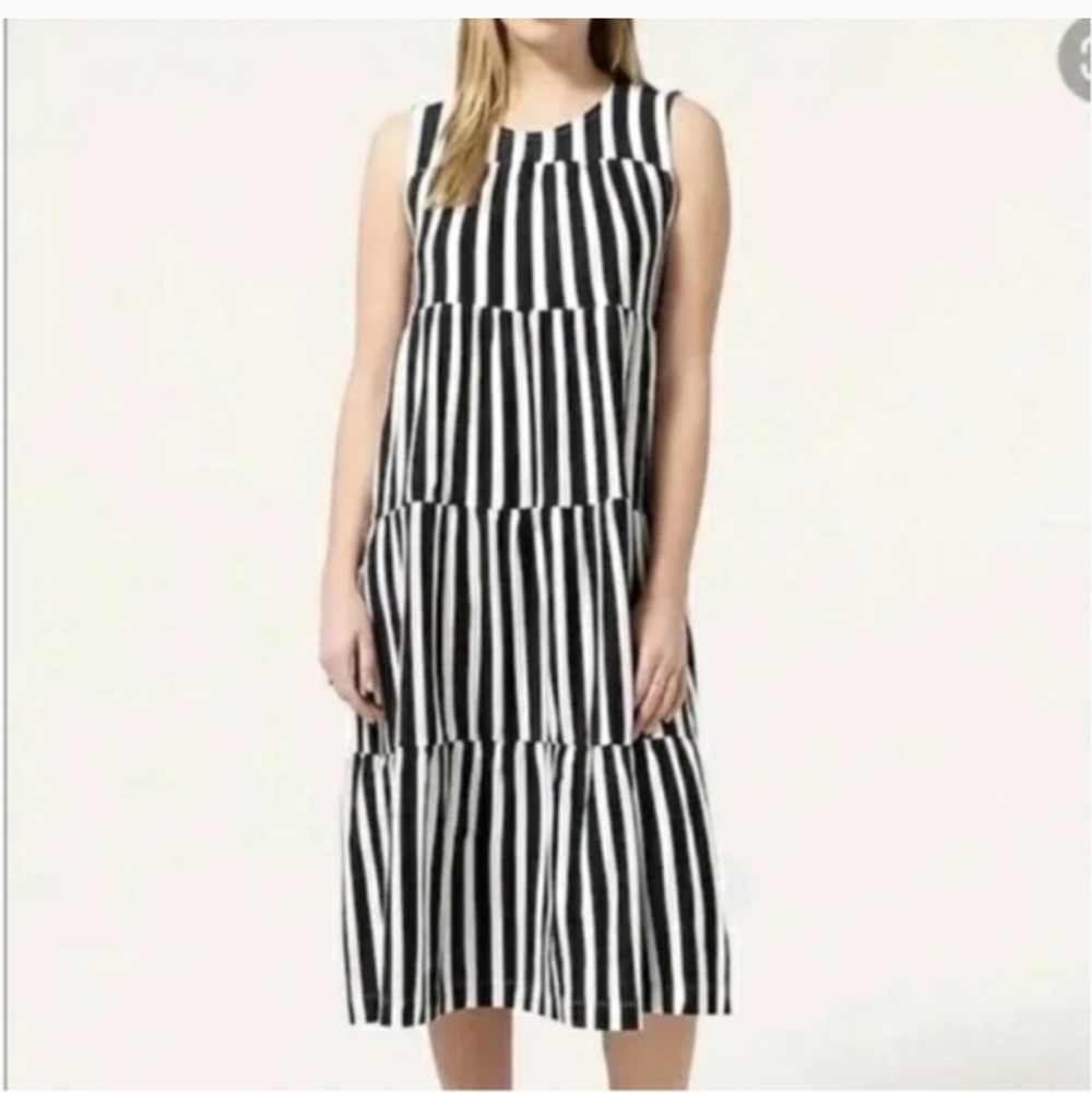 J. Crew Navy And White Striped Tiered Midi Dress - Picture 2 of 10